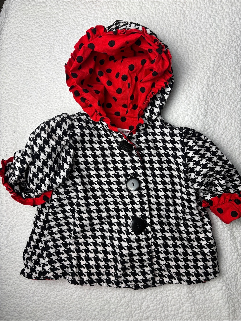 Girls Black & White Houndstooth Hooded Pea Coat with Red Polka Dot Hood